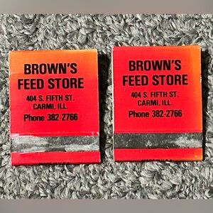 Lot of 2 Vintage Matchbook Browns Feed Store Carmi IL Illinois USED POOR